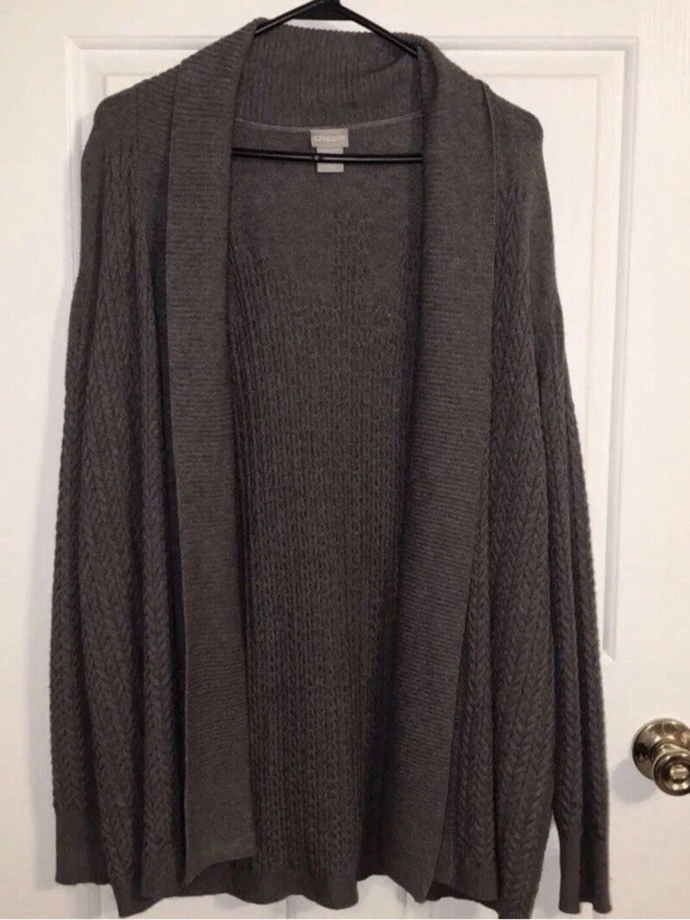 Chico's Size 2 Large Charcoal Cable Knit Open Front Sweater "The Charcoal Haven"